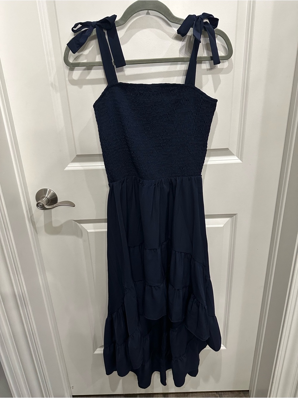 Navy Smocked Tie-Strap High Low Tiered Dress